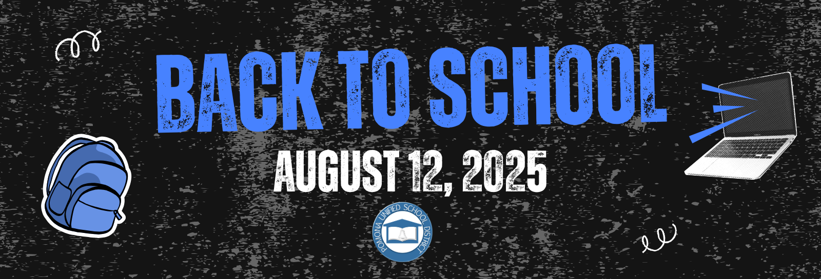 Back to School shuffle banner for homepage, Date to return to school is August 12, 2025