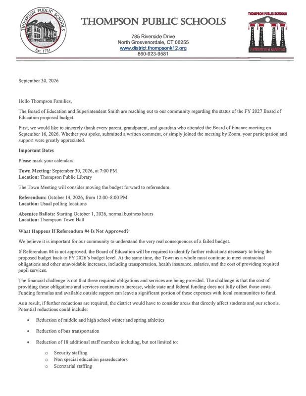Correspondence from Thompson BOE Members & Superintendent Smith