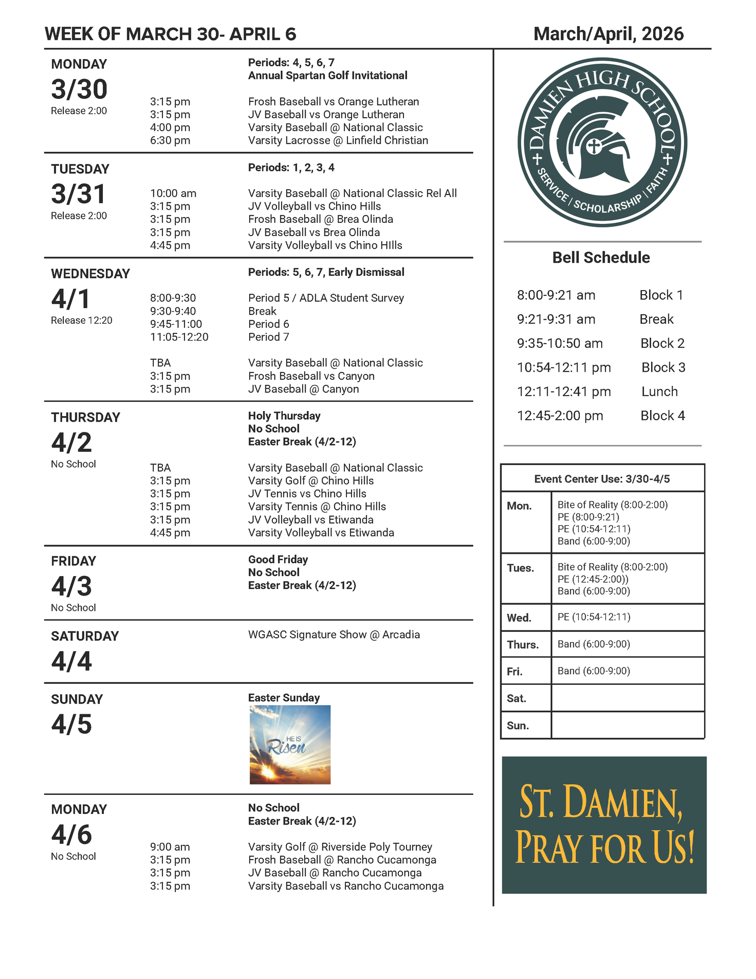 Damien High School Weekly Schedule