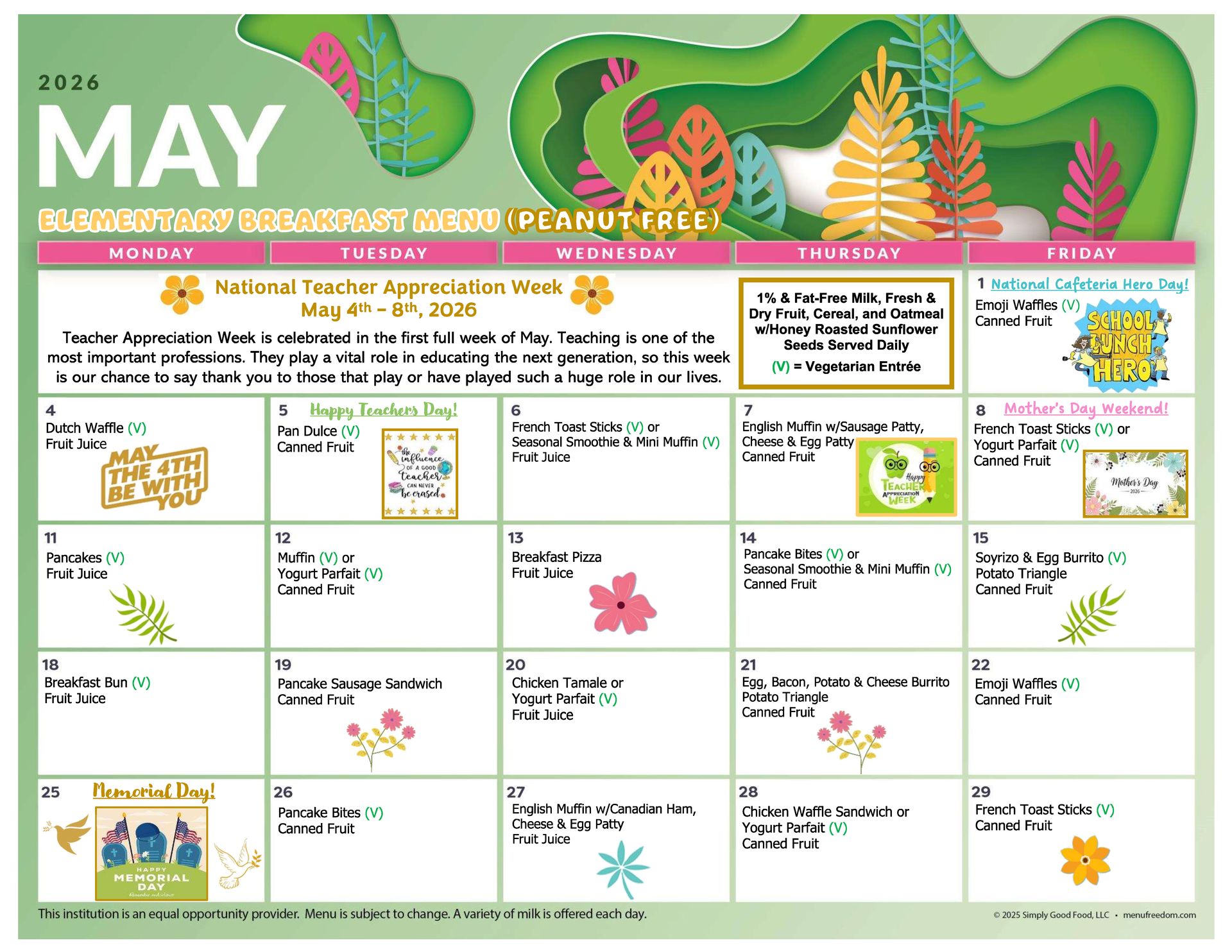 Elementary (PEANUT FREE) Breakfast Menu (click to view)