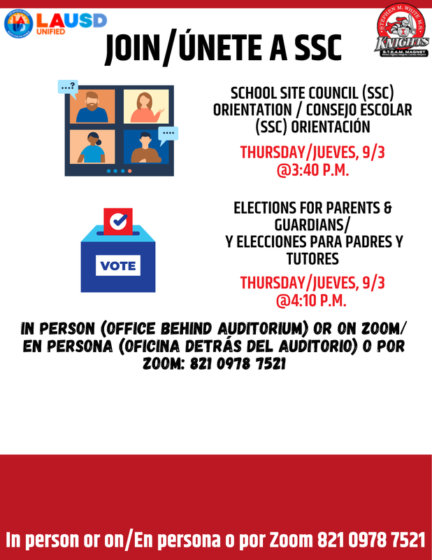 Join the School Site Council.  Meeting held on September 3, 2026 @3:40 and 4:10 p.m.