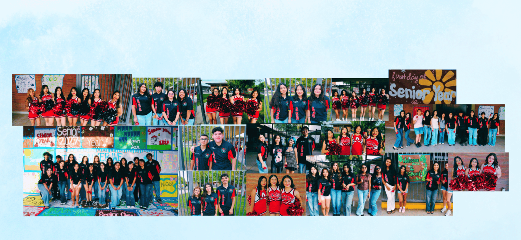 Collage of students in red and black outfits at a school event.