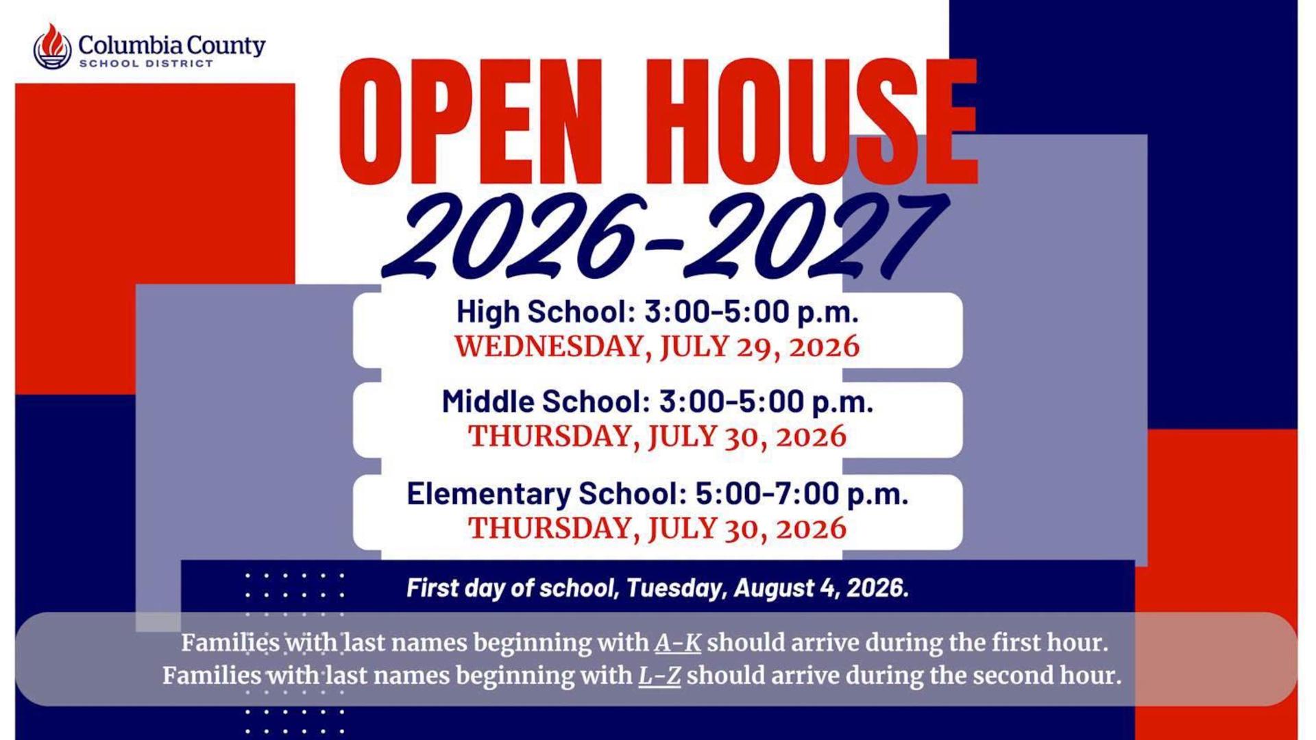 Open House schedule with times for high, middle, and elementary schools.