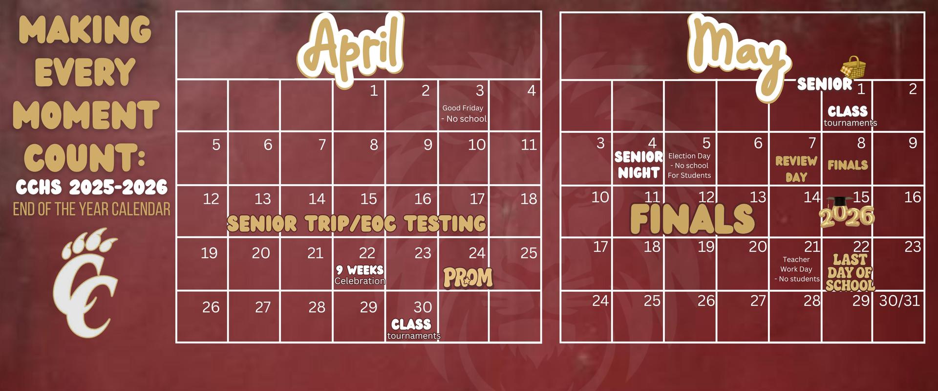 End of the year calender. April/May