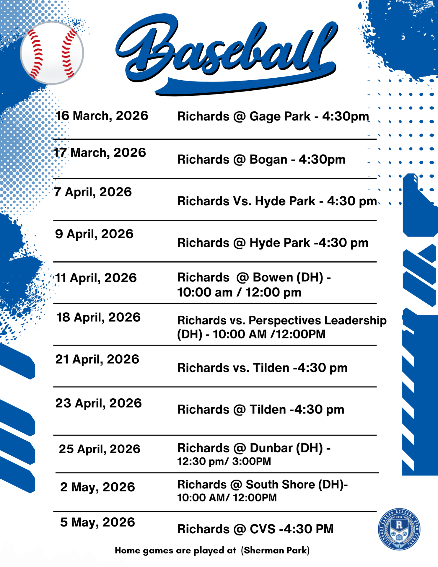 Boys Baseball Spring 2026 Schedule