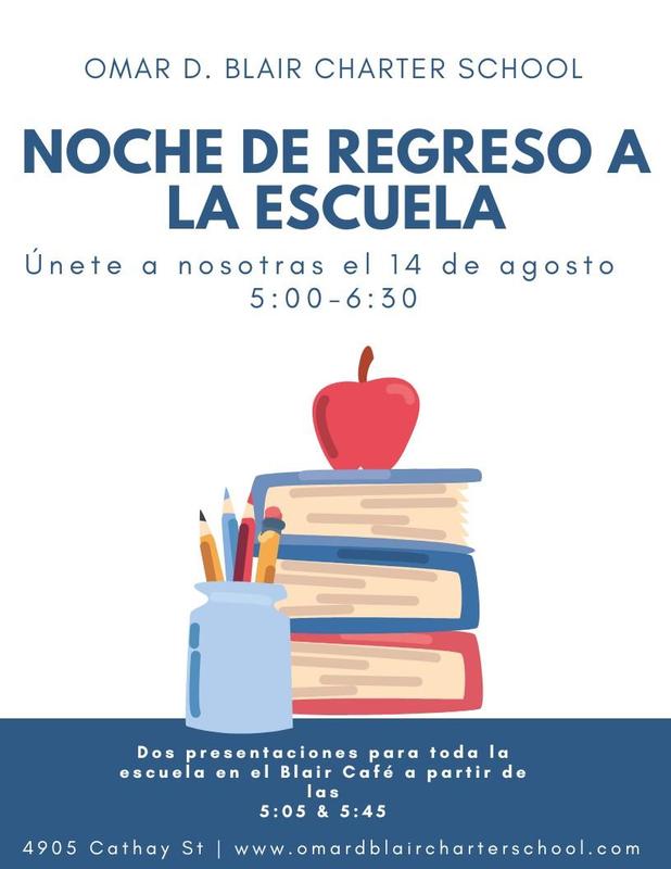 Noche de Regreso a la Escuela announcement with books, apple, and event details.