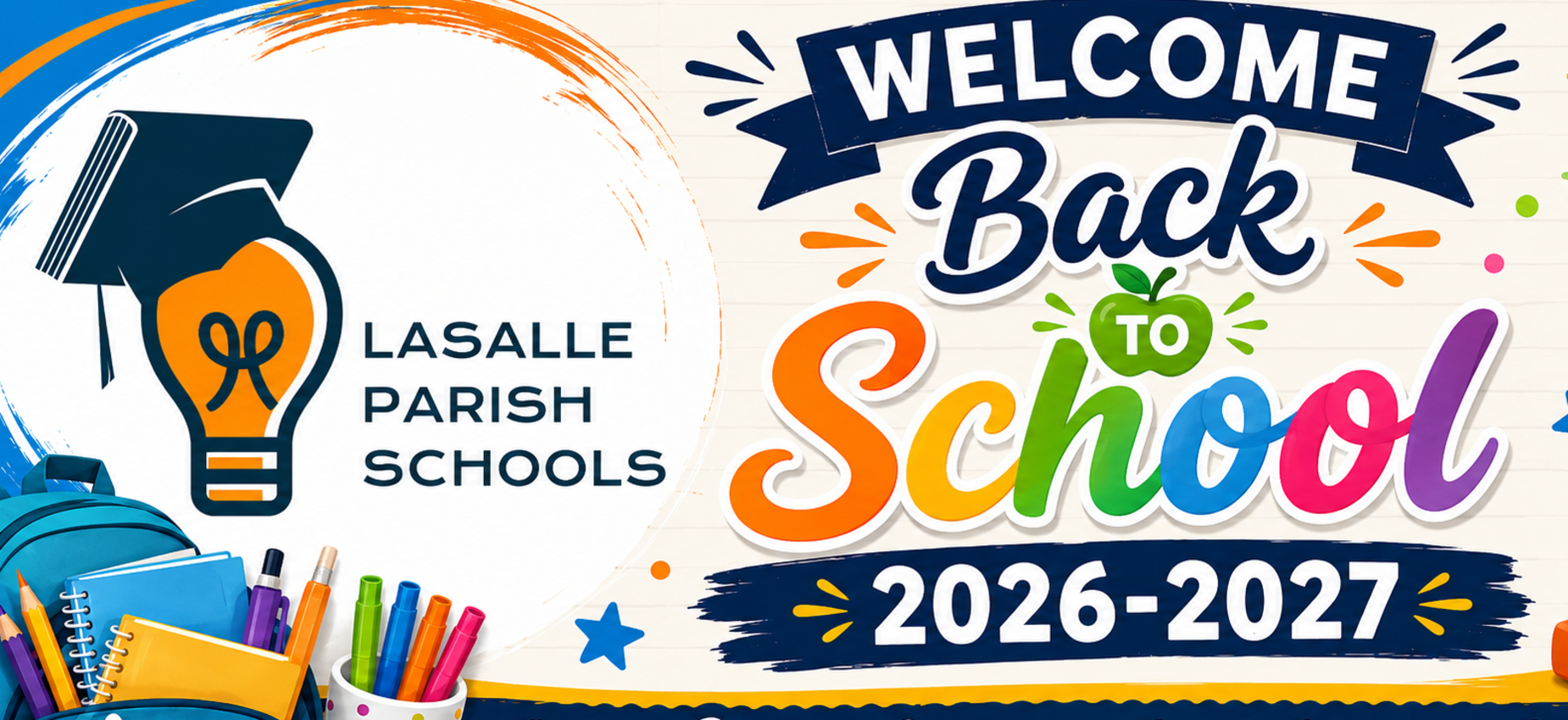 Colorful back-to-school banner with books, pencils, and an apple.