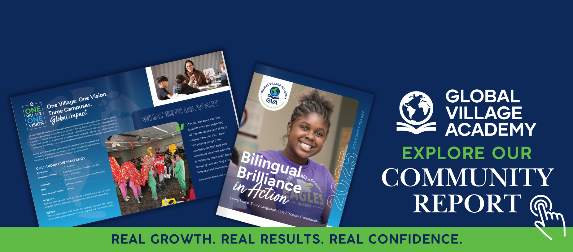 Promotional banner for Global Village Academy highlighting community report and bilingual programs.