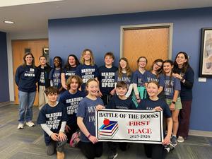 Battle of the Books team - 6th grade with banner