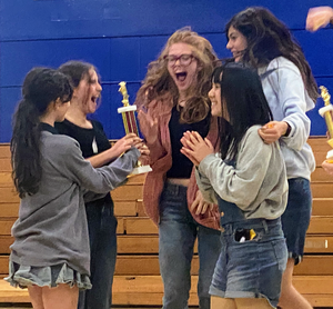 Left to right: Shira Englender, Sophia Burg, Calla Howard, Gabby Ott, and Catherine Chan discover they won their category at the recent DTASC Shakespeare Festival.