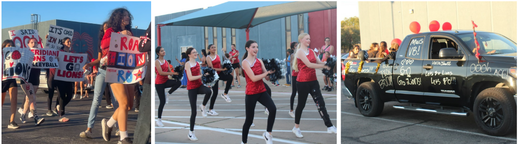 Students walking with signs and dancing in the homecoming parade