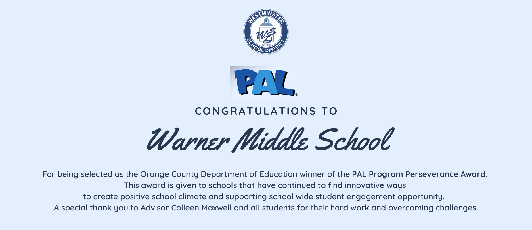 Warner wins PAL Program Perseverance Award