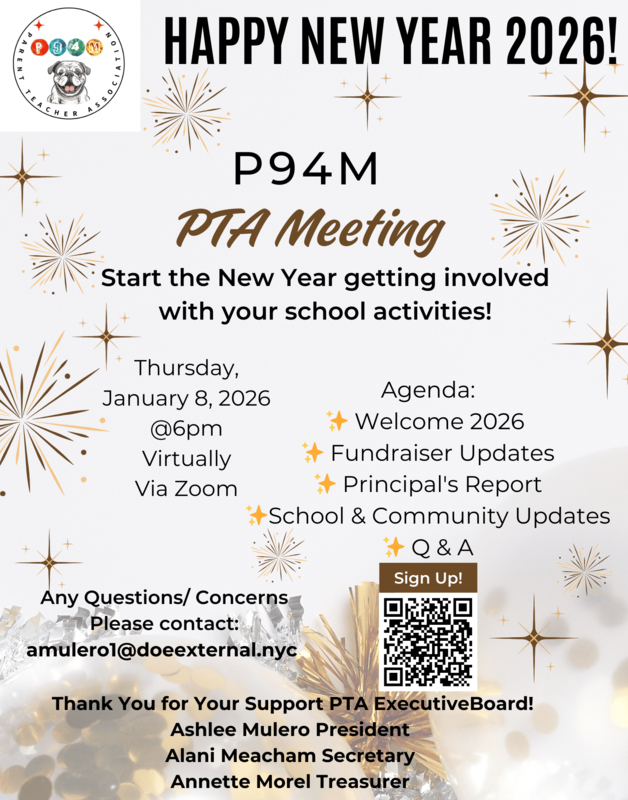 Parent Association Meeting Occurring This Thursday, January 8th at 6PM with a QR to scan - English