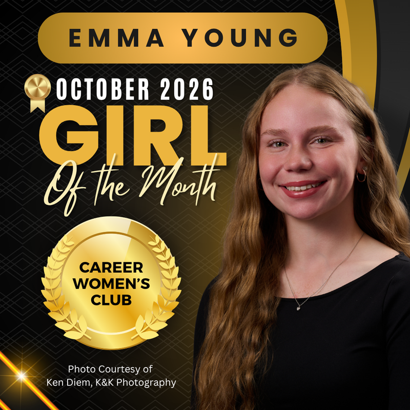 black and gold background with photo of Girl of the Month in the foreground