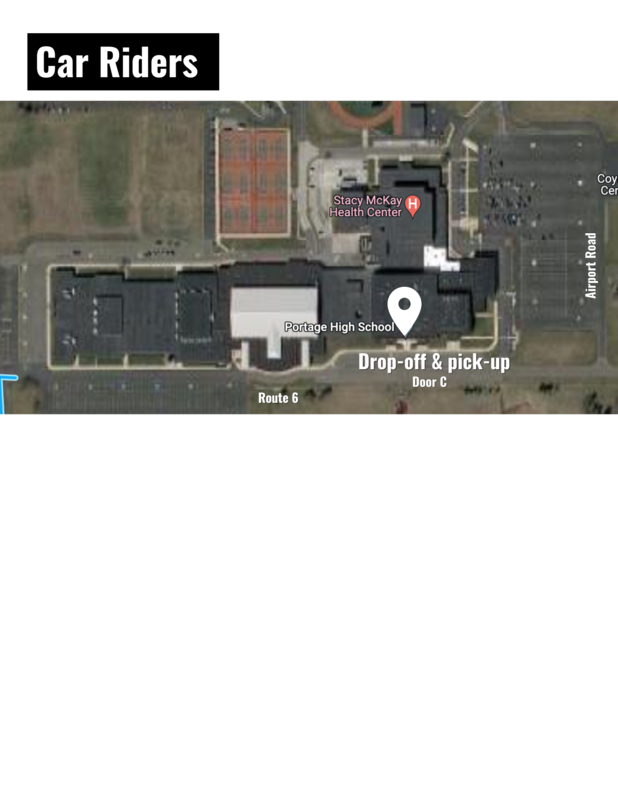 Map showing Portage High School with drop-off and pick-up details for car riders.