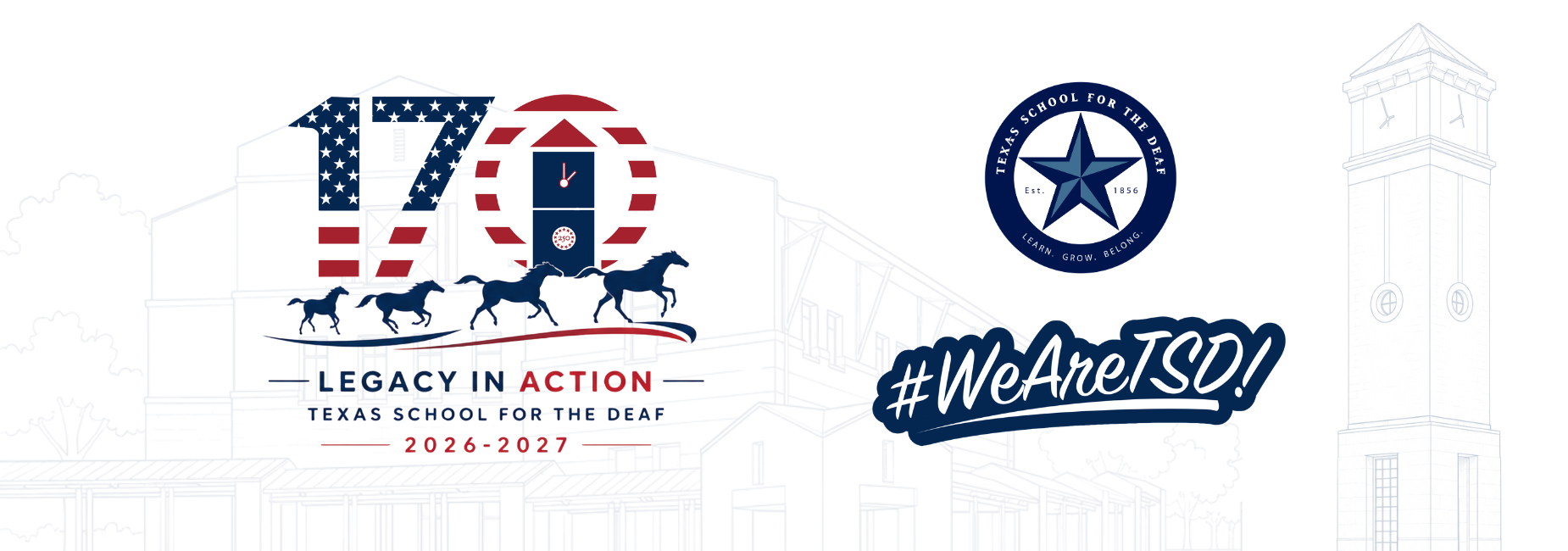 Logo celebrating 170 years of Texas School for the Deaf with horses, stars, and text.