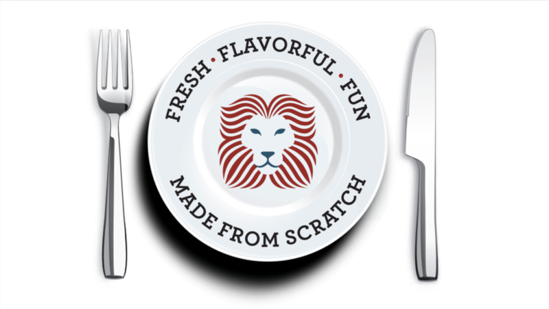 A knife, fork, and plate with the lion logo. Fresh, Flavorful, Fun. Made from Scratch.