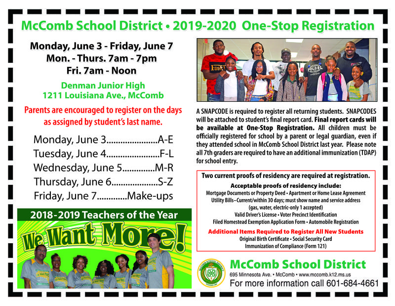 McComb School District One-Stop Registration News 2019-2020