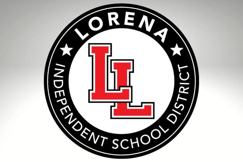 Black and white Round Lorena Independent School District logo with red LL in the middle