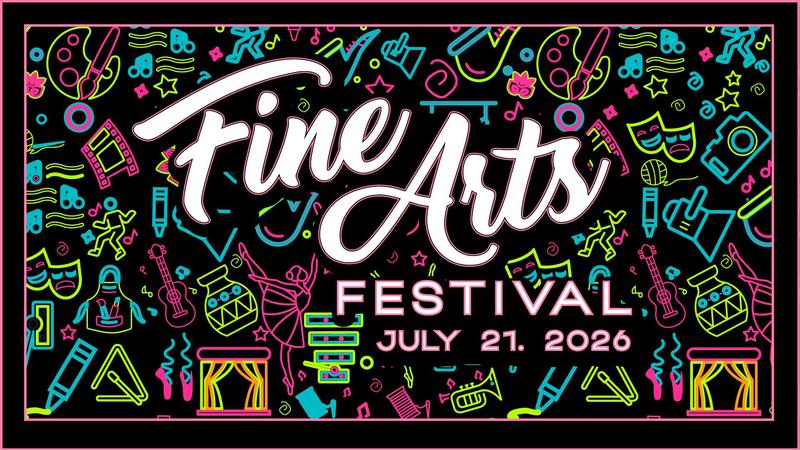 Neon Fine Arts Festival graphic with icons of music, theater, dance, and art on black background