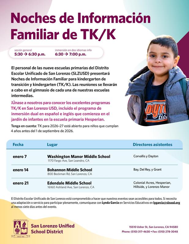 A Spanish-language flyer for TK/K Family Information Nights