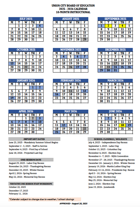 2025-2026 School Calendar (10 Month Instructional)