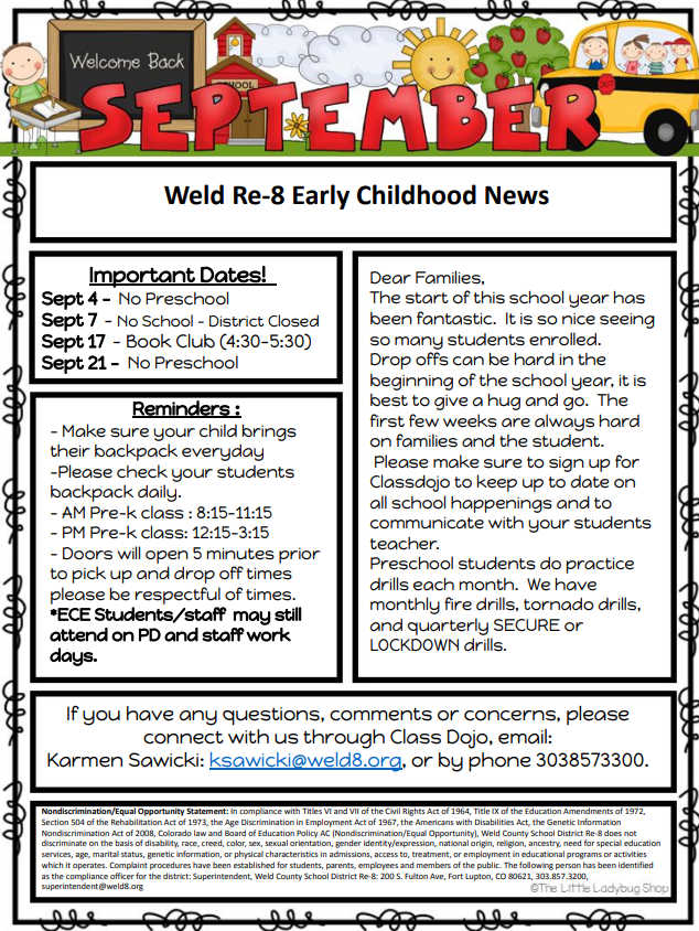 Preschool September Newsletter in English detail information in the post