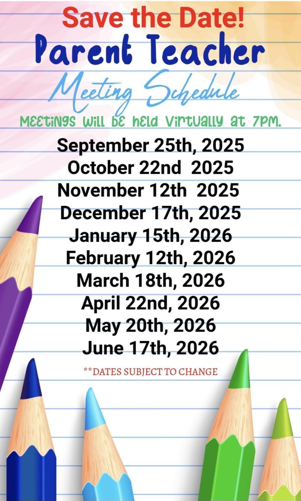 schedule of meetings for PTA