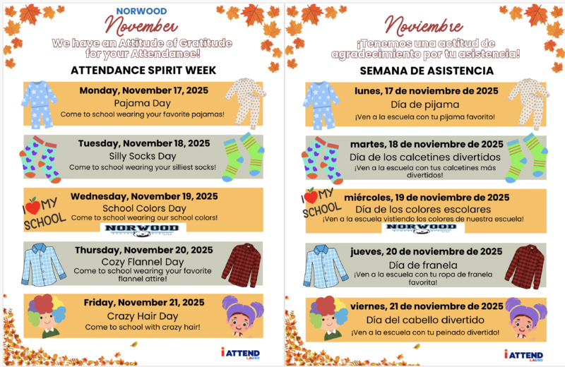 Attendance Spirit Week from 11/17-11/21-Semana de espíritu de asistencia del 11/17-11/21 Featured Photo