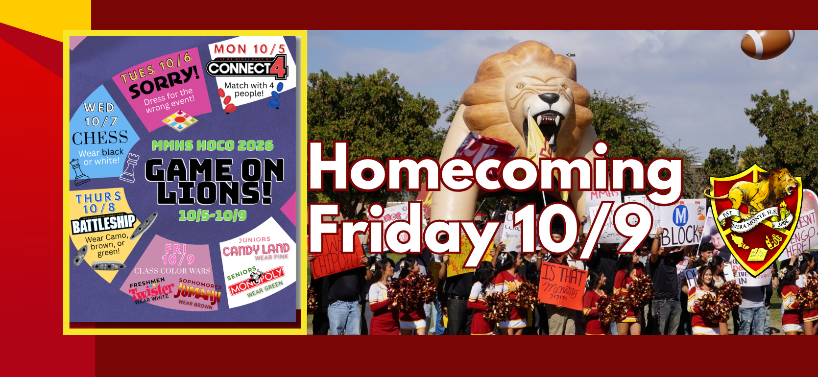 Homecoming celebration with banners, a lion balloon, and excited students holding signs.