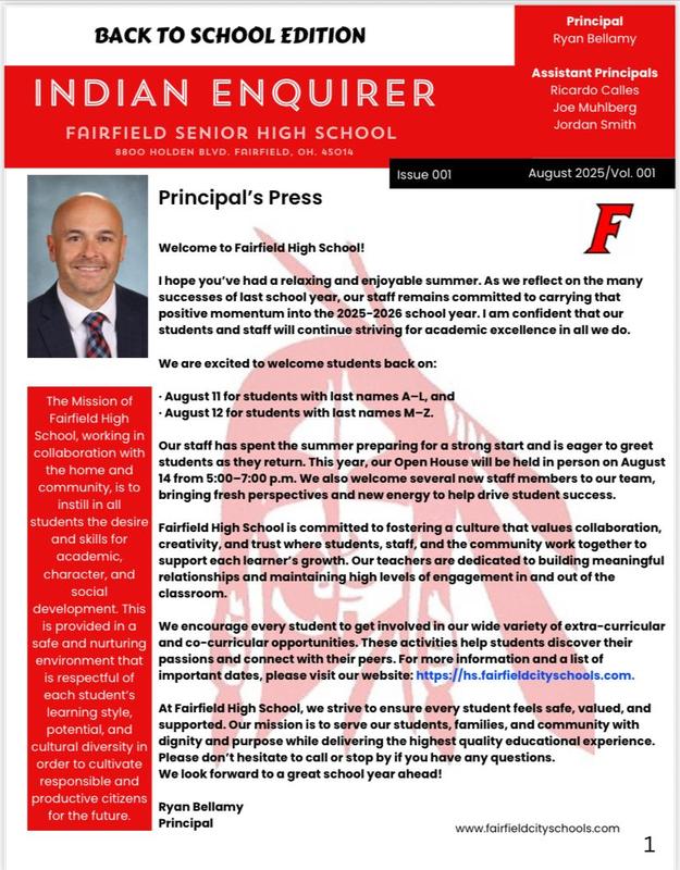 Image of the front page of the Indian Enquirer newsletter. This is the letter from the principal.