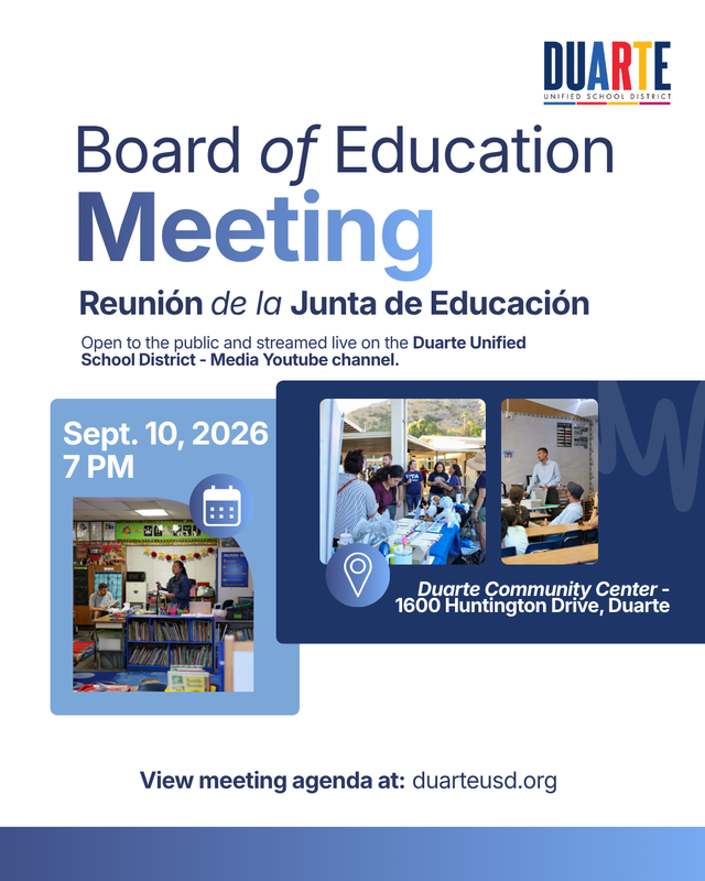 Graphic announcing the Board of Education meeting on Sept. 10 at 7 p.m. at the Duarte Community Center