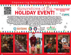 Christmas Decorated flyer with pictures of families and a QR code