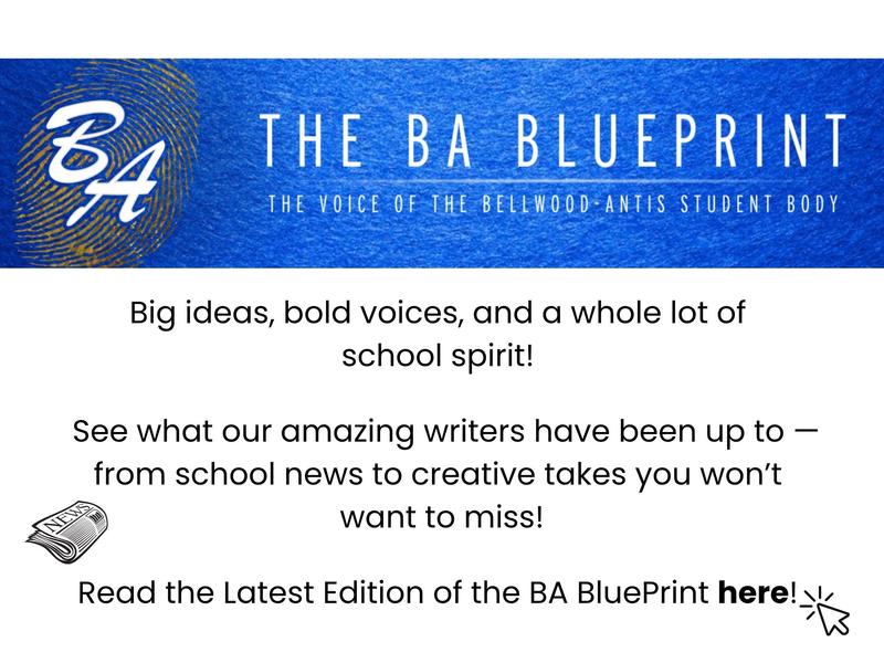 Bold blue and white header with the title 'THE BA BLUEPRINT' and text promoting school spirit.
