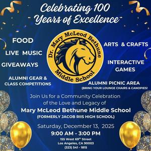 Picture announcing the 100th year celebration at Bethune MS with a mustang in the middle.