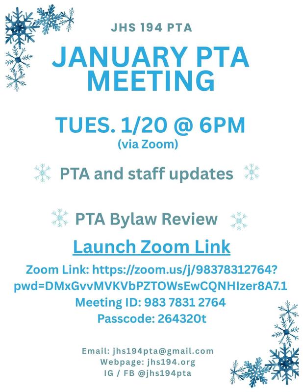 January 20th PTA Meeting via zoom