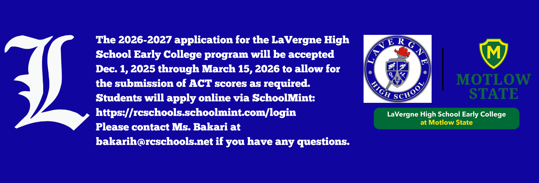 blue background with white LHS L, LHS crest and the Motlow State green shield with yellow m