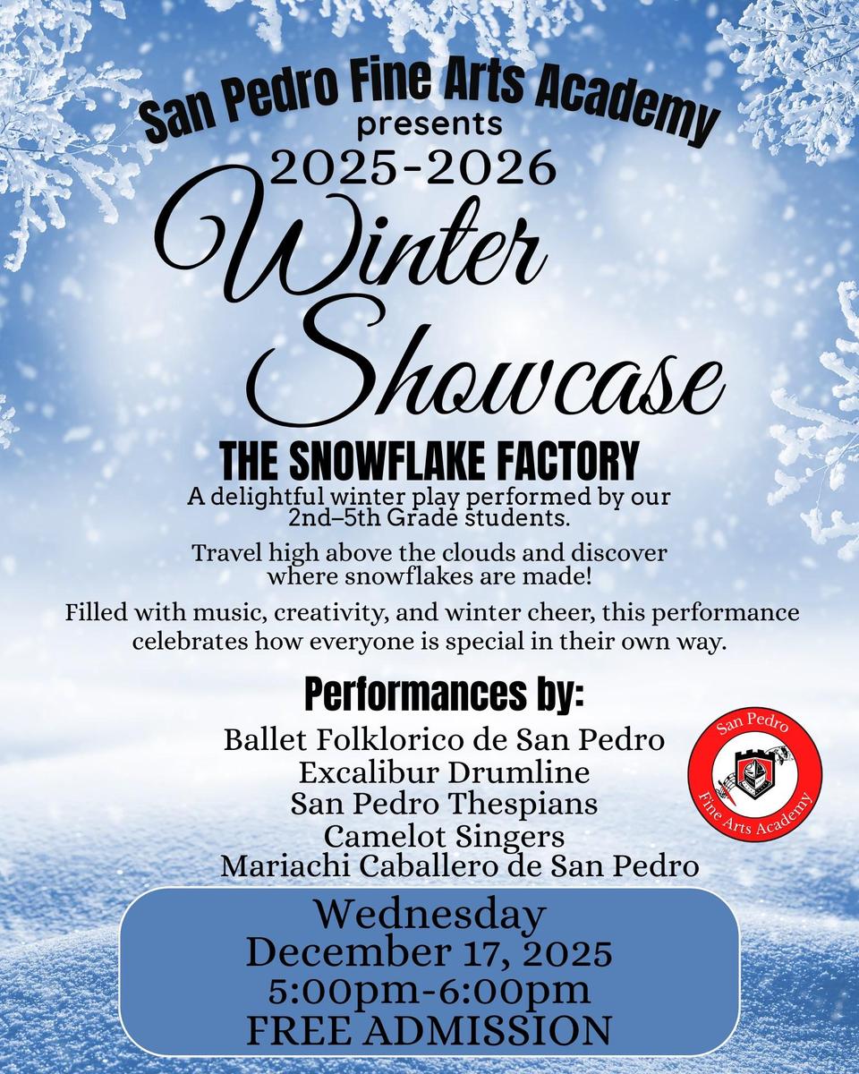 Event poster for the San Pedro Fine Arts Academy Winter Showcase featuring performances and details.