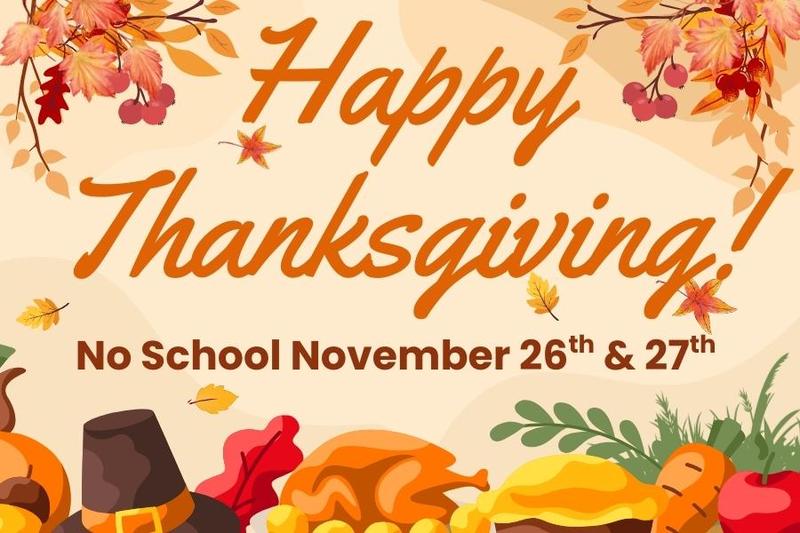 happy thanksgiving graphic with leaves, pilgrim hat, and turkey
