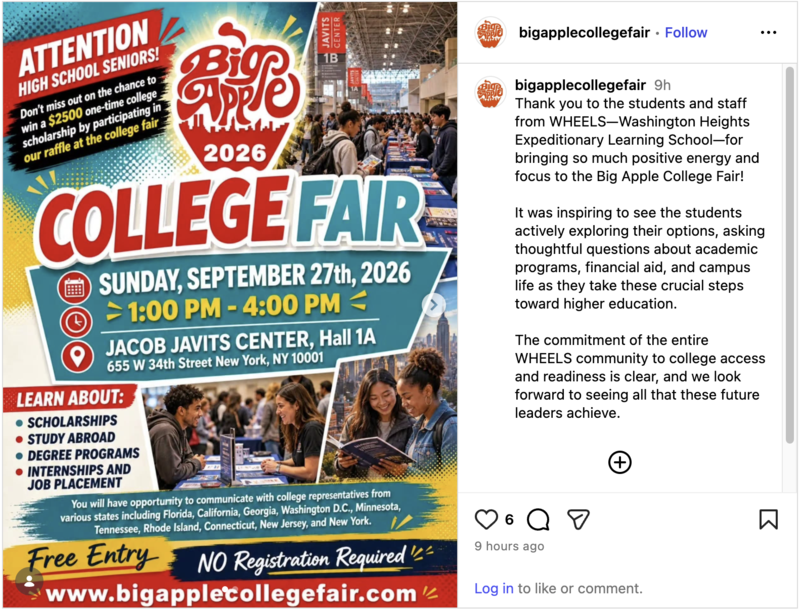 Announcement for the Big Apple College Fair with event details.