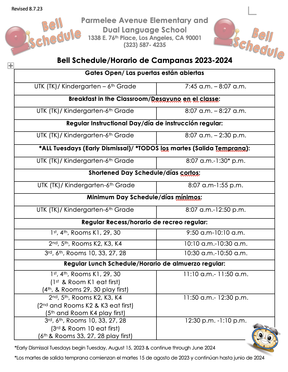 Bell Schedule About Us Parmelee Avenue Elementary and Dual Language
