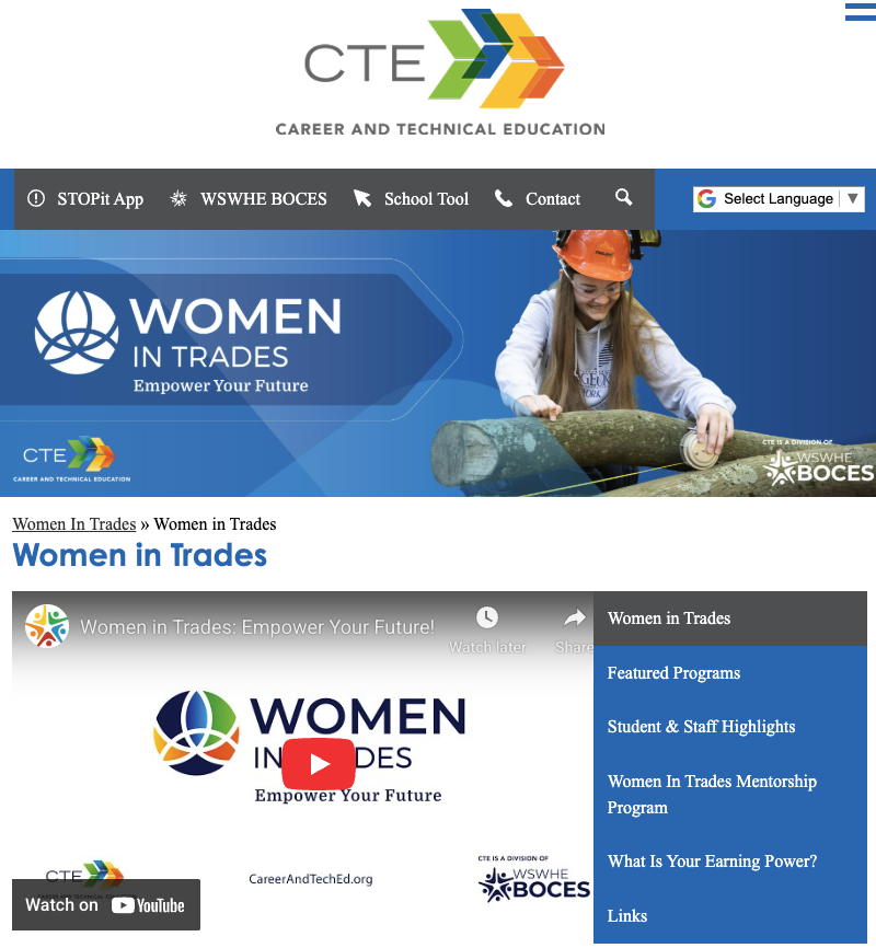 Picture of the CTE women in Trades webpage