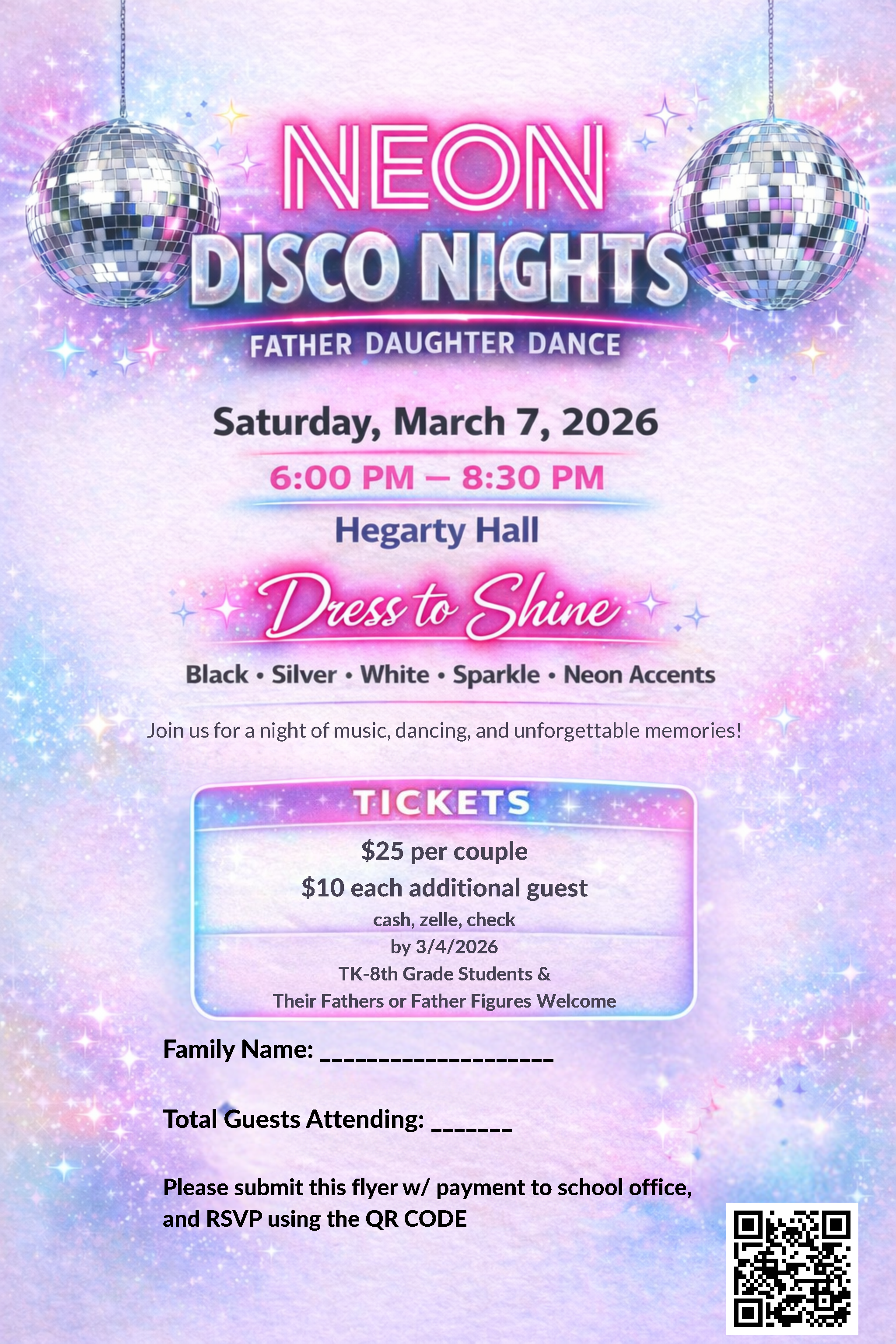 pink and purple disco themed flyer for father daughter dance