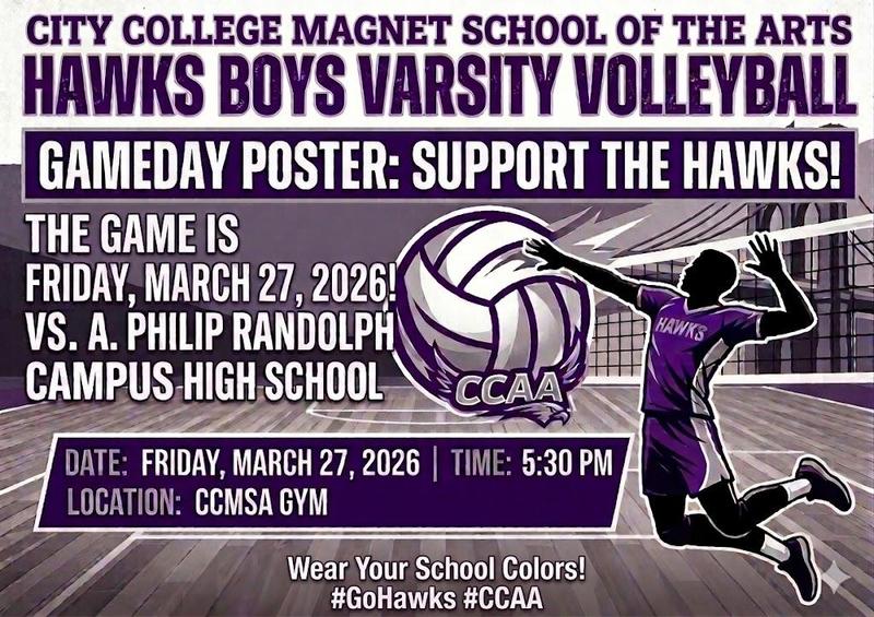Poster for CCMSA Hawks Boys Varsity Volleyball vs A. Philip Randolph on 3/27/2026.