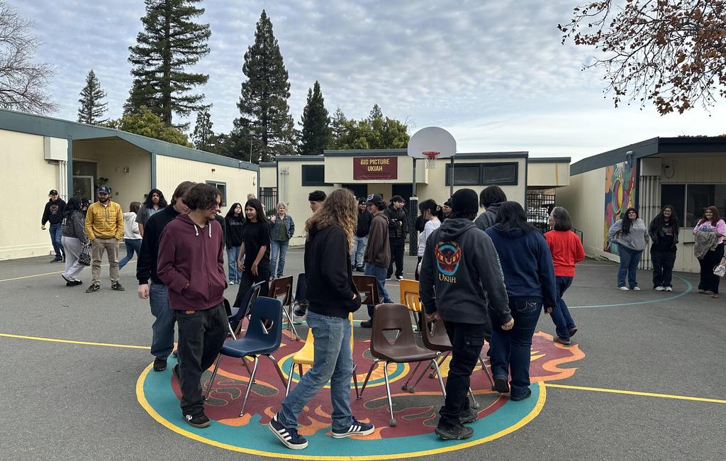 Students playing musical chairs