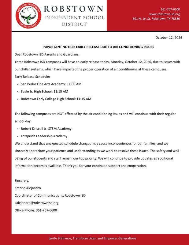 Three Robstown ISD Campuses Announce Early Release Today, October 12 Featured Photo