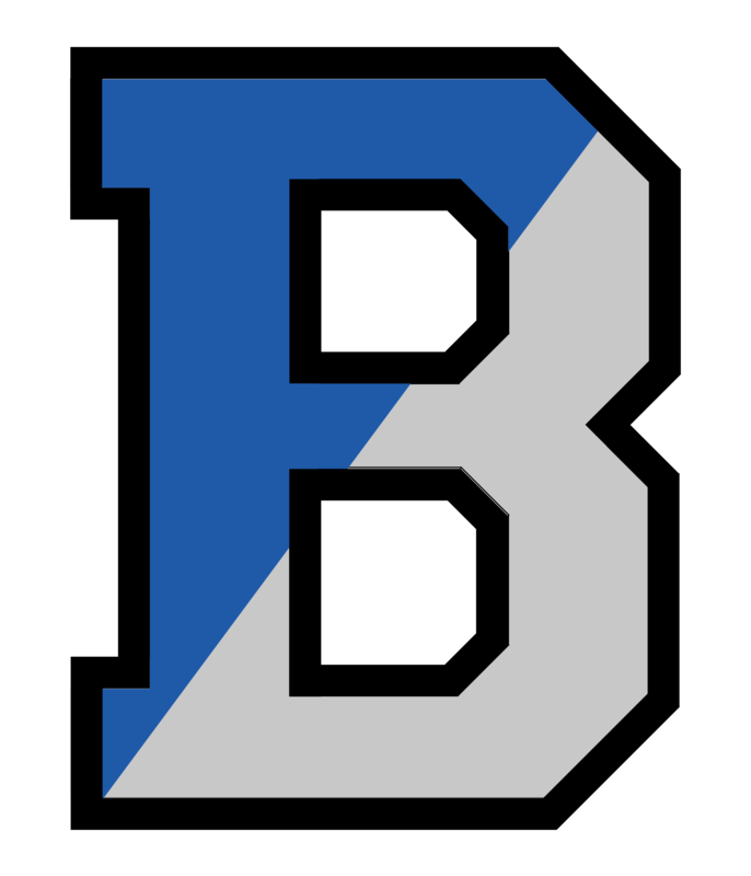 Bensalem Township School District logo, B. Left side of B is blue and right side is gray, outlined in black..