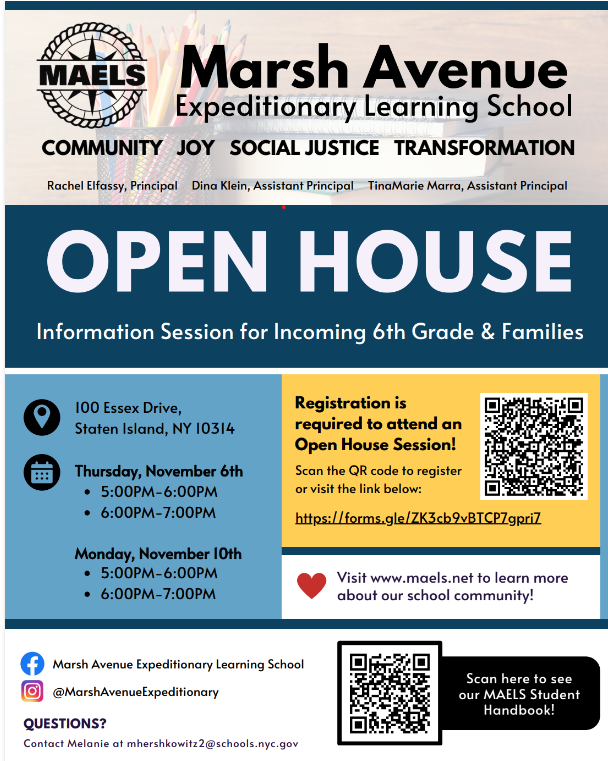 Open house registration for Marsh Ave MAELS middle school on Nov 6th or Nov 10th. hool