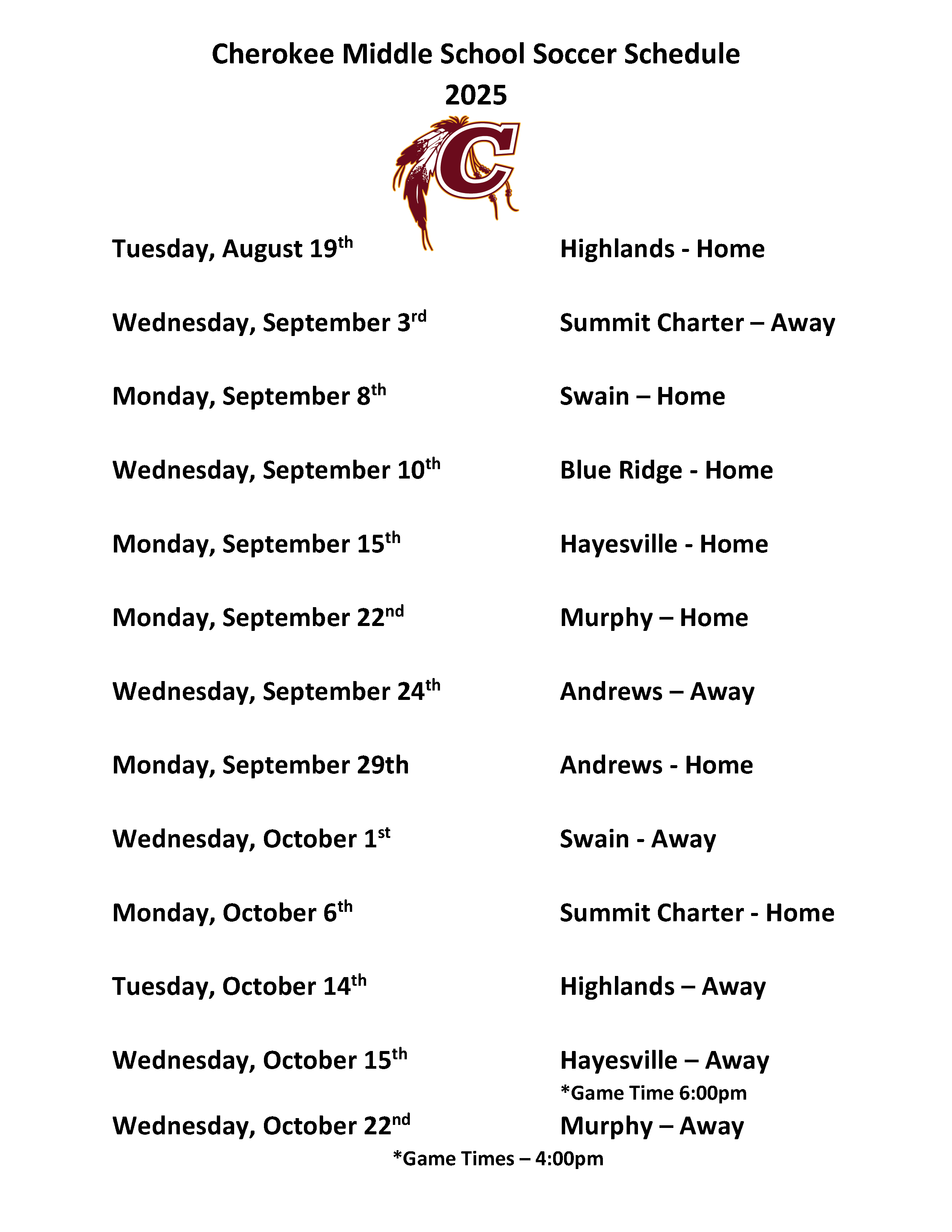 CMS Soccer Schedule
