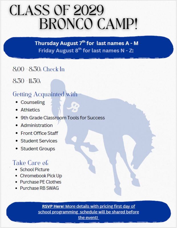 Class of 2029 Bronco Camp Schedule.